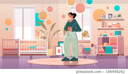 happy pregnant woman future mom hugging belly near crib pregnancy motherhood expectation concept happy pregnant woman future mom hugging belly near crib pregnancy motherhood expectation concept 106956262