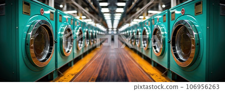 industrial building with a row of washing machines in an empty laundry room industrial building with a row of washing machines in an empty laundry room 106956263