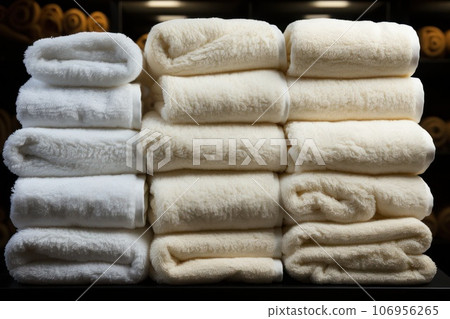 stacks of white towels in a boutique.  106956265