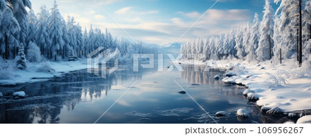 the winter lake reflects the snow-covered trees standing around. calm winter scene. 106956267