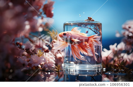 a glass container for perfumes or cosmetics at the bottom of a pond  106956301