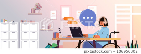 disabled woman operator with headset in wheelchair girl chatting with clients customer service rep people with disabilities concept 106956302