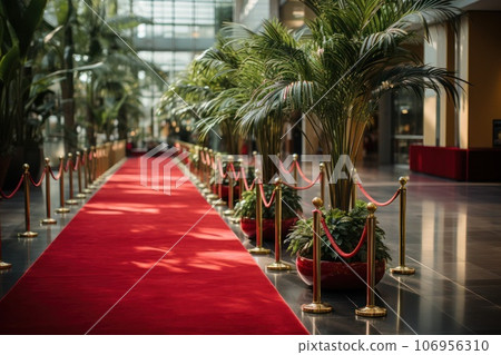 Red carpet with golden barriers and red ropes before an important event  106956310