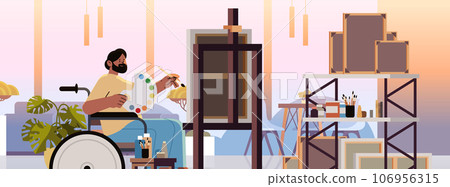 disabled man artist in wheelchair drawing on canvas creative art hobby people with disabilities concept disabled man artist in wheelchair drawing on canvas creative art hobby people with disabilities concept 106956315