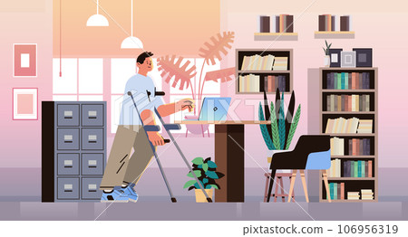 disabled man standing with walking stick in office people with disabilities concept modern cabinet interior 106956319