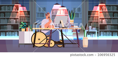 disabled man article editor in wheelchair guy working on computer people with disabilities concept modern living room interior 106956325