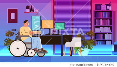 disabled man programmer in wheelchair sitting at workplace software development people with disabilities concept disabled man programmer in wheelchair sitting at workplace software development people with disabilities concept 106956329