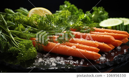 Macro texture of carrots with water drops and greens  106956330