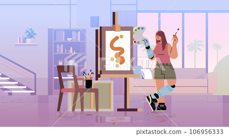 disabled woman artist with replaced robotic leg and arm girl drawing on canvas people with disabilities concept 106956333