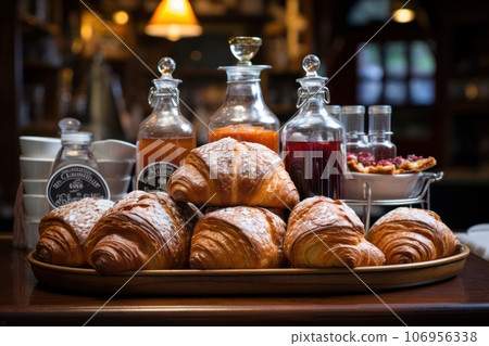 fresh croissants close-up on the background of the cafe. fresh croissants close-up on the background of the cafe. 106956338