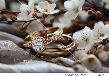 Wedding rings, close-up on a light background with flowers 106956349