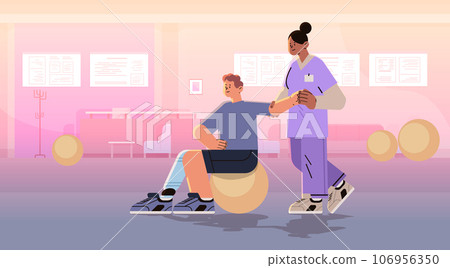 doctor helps patient after injury or medical operation during physio therapy man with replaced robotic leg having physical rehabilitation 106956350