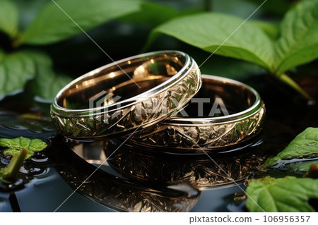 wedding gold ring is decorated with carvings 106956357