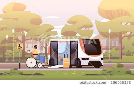 disabled passenger getting on bus with help of ramp people in wheelchair in friendly city environment accessible travel concept 106956358
