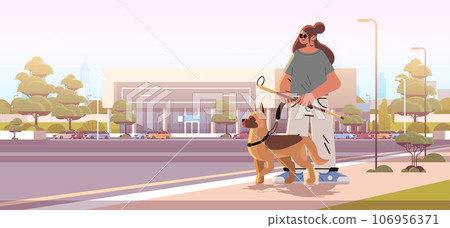 bling woman walking with guide dog assistant animal leading female character confident navigation people with disabilities concept 106956371