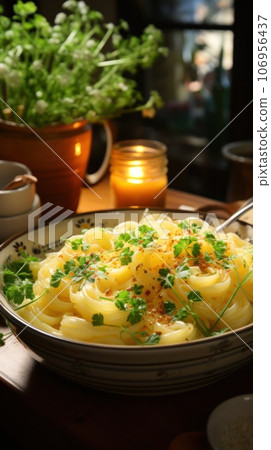 Close-up of a bowl of homemade noodles with butter, spices, herbs and cheese Close-up of a bowl of homemade noodles with butter, spices, herbs and cheese 106956437