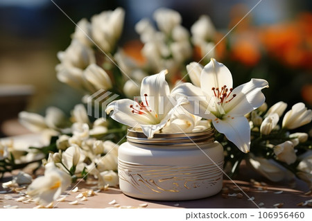 Container for cosmetics with a bouquet of white lilies Container for cosmetics with a bouquet of white lilies 106956460