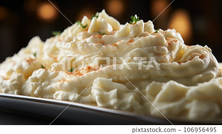 close-up of creamy buttery mashed potatoes  106956495