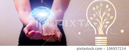 Woman holding a glowing earth globe on her hand a symbol of how to save nature for our children 106957214