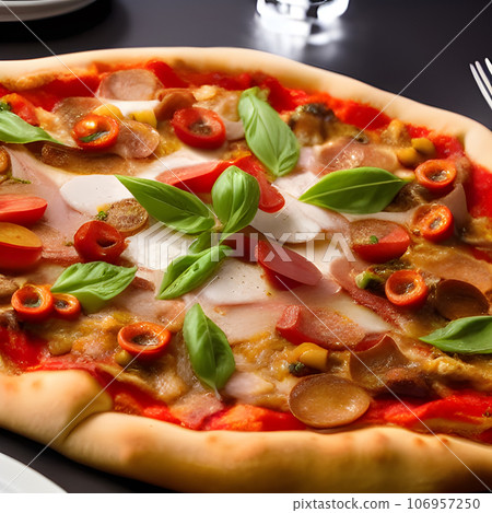 tasty hot pizza and slice with melting cheese pull on the plate tasty hot pizza and slice with melting cheese pull on the plate 106957250