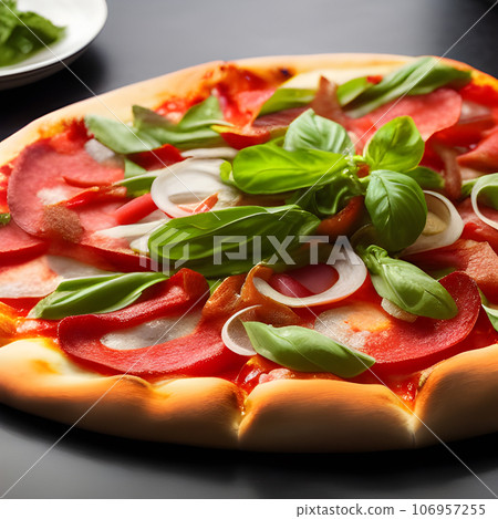 tasty hot pizza and slice with melting cheese pull on the plate tasty hot pizza and slice with melting cheese pull on the plate 106957255