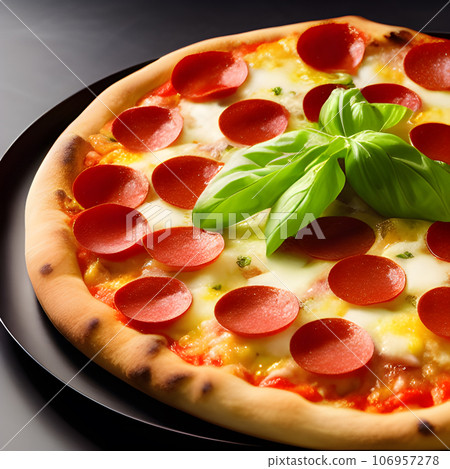 tasty hot pizza and slice with melting cheese pull on the plate 106957278