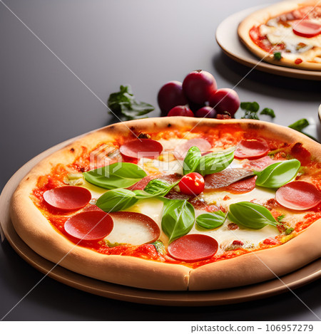 tasty hot pizza and slice with melting cheese pull on the plate tasty hot pizza and slice with melting cheese pull on the plate 106957279