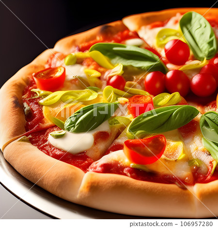 tasty hot pizza and slice with melting cheese pull on the plate tasty hot pizza and slice with melting cheese pull on the plate 106957280