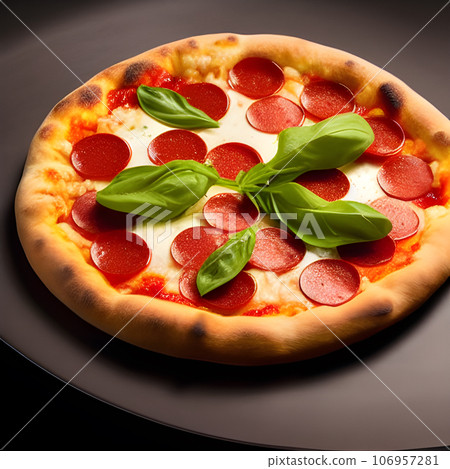tasty hot pizza and slice with melting cheese pull on the plate 106957281