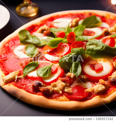 tasty hot pizza and slice with melting cheese pull on the plate 106957282