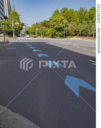 安裝在路口內的自行車導航線(藍色) 安裝在路口內的自行車導航線(藍色) 106957314