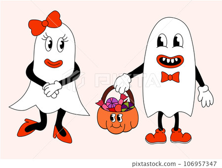 Retro 70s 60s 80s Hippie Groovy Halloween Ghosts girl and boy in love. Pumpkin with sweets. Vector flat. 106957347