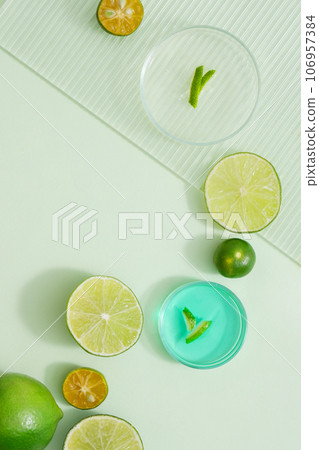 Glass petri dishes containing fluid and peels arranged with slices of kumquat and lime. Blank space to show beauty product extracted from Lime and Kumquat 106957384
