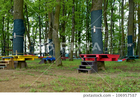 Children's Adventure Park bridges, ropes and stairs designed for beginners in woods among tall trees. Adventure climbing on high wired park. Course of high ropes in forest. 106957587