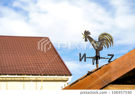 weather vane rooster. A forged weather vane on the roof of a private house indicates the direction of the wind weather vane rooster. A forged weather vane on the roof of a private house indicates the direction of the wind 106957590