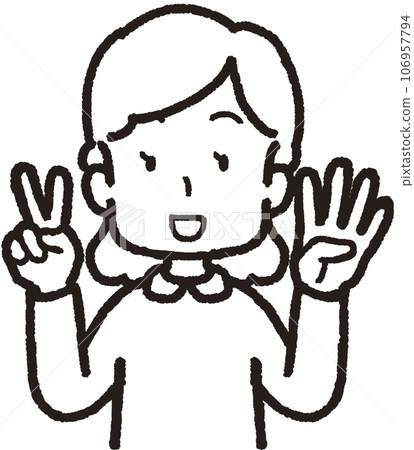 上半身線畫插圖一位微笑的女士用左手 4 根手指和右手 2 根手指做 24 個手勢 106957794