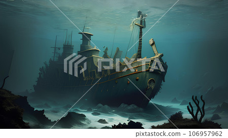 Broken shipwreck on the ocean floor - AI image generation Broken shipwreck on the ocean floor - AI image generation 106957962