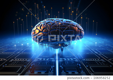 Abstract futuristic human brain with circuit board and mash line to connection. Technology web background, Machine learning cognitive sciences concept. Generative AI. 106958252