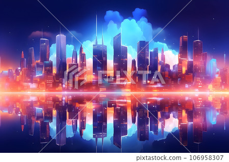 Futuristic night city with glowing neon color. Abstract background of cyberpunk city future technology. Generative AI. 106958307
