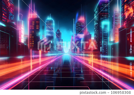Futuristic night city with glowing neon color. Abstract background of cyberpunk city future technology. Generative AI. 106958308