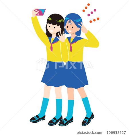 Female students taking selfies, whole body Female students taking selfies, whole body 106958327