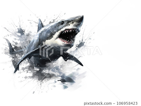 Watercolor painting of angry shark on white background. Undersea animals. Illustration, Generative AI. 106958423