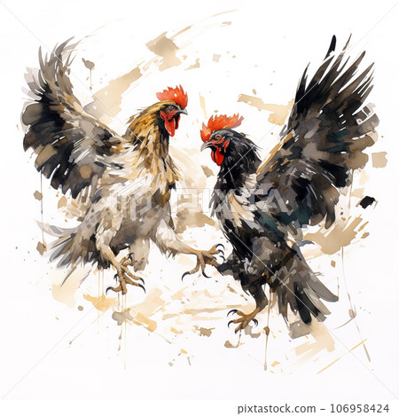 Watercolor painting of two bantams are hitting each other on white background. Wildlife Animals. Illustration, Generative AI. 106958424