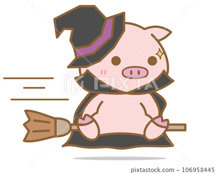 Halloween: A pig dressed up as a witch and riding a broom Halloween: A pig dressed up as a witch and riding a broom 106958445