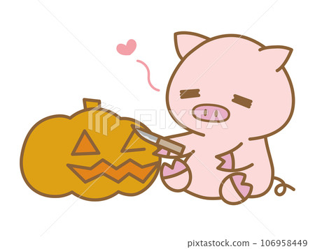 Pig making a Halloween jack-o-lantern Pig making a Halloween jack-o-lantern 106958449