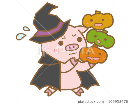 Halloween: A pig dressed as a witch holding a pumpkin that is about to fall Halloween: A pig dressed as a witch holding a pumpkin that is about to fall 106958476
