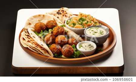 Large plate with falafel and salad on a dark background, restaurant concept Large plate with falafel and salad on a dark background, restaurant concept 106958601
