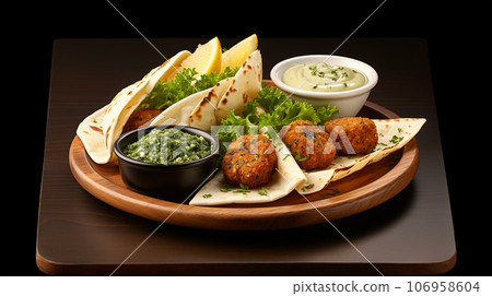 Large plate with falafel and salad on a dark background, restaurant concept 106958604