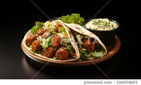 Large plate with falafel and salad on a dark background, restaurant concept 106958605