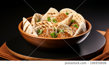 Large plate with falafel and salad on a dark background, restaurant concept Large plate with falafel and salad on a dark background, restaurant concept 106958606
